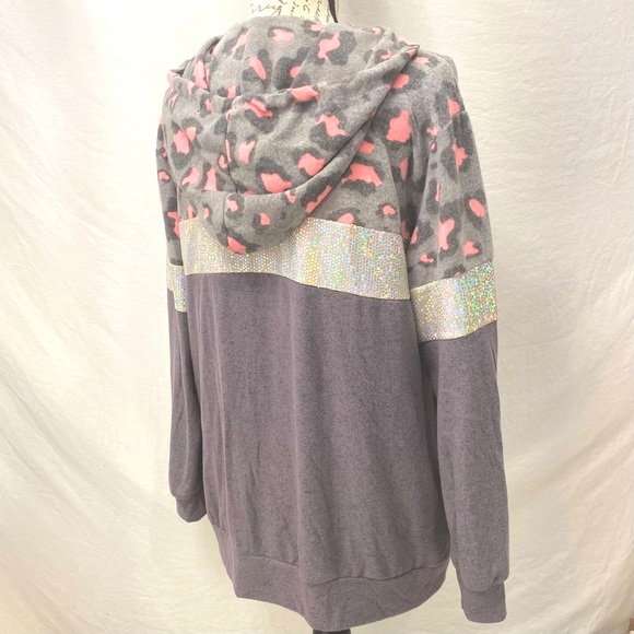 Sequin Embellished Pink and Gray Animal Print Attached Hood Sweatshirt NWT S - Picture 6 of 13